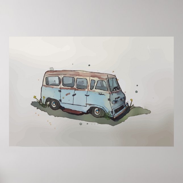 Poster Aquarela de uma velha carrinha antiga enferrujada (Frente)