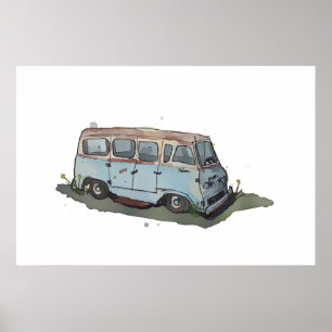 Poster Aquarela de uma velha van antiga enferrujada