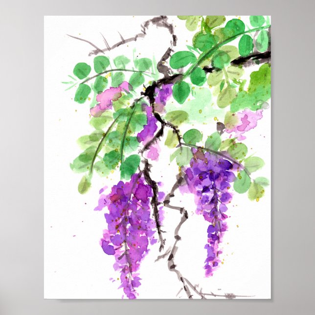 Poster Aquarela de Wistéria Roxa (Frente)