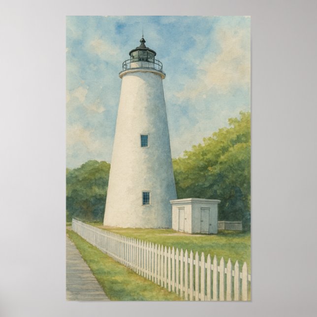 Poster Aquarela do Farol de Ocracoke (Frente)