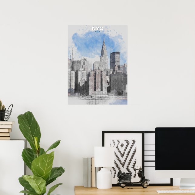 Poster Aquarela do Horizonte de Nova York – Parede de Man (Escritório em casa)