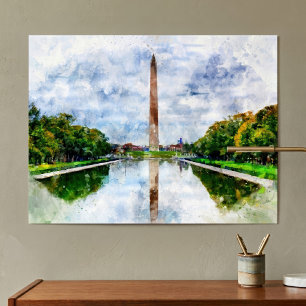 Poster aquarela do Monumento a Washington com reflexo