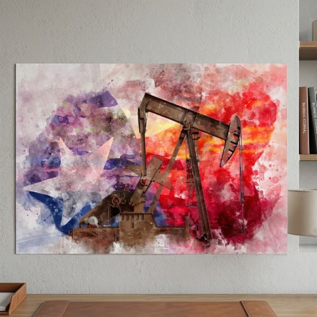 Poster Aquarela do Texas Pumpjack com Arte da Bandeira do (Texas Pumpjack Watercolor with Texas Flag Art. Poster)
