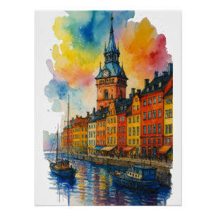 Pôster Aquarela Estocolmo Suécia Cidade Velha Gamla Stan