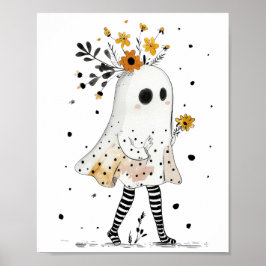 Poster Aquarela Fantasma & Girassóis Halloween Caprichoso