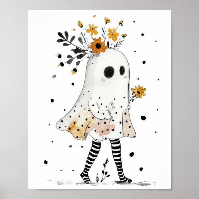 Poster Aquarela Fantasma & Girassóis Halloween Caprichoso (Frente)