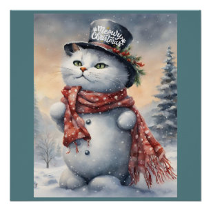 Pôster Aquarela Feliz Natal Gato Neve