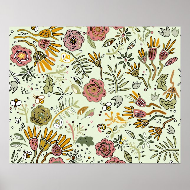Poster Aquarela Floral Abelha Flores Elegante Moderno (Frente)