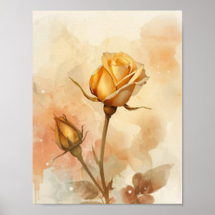 Poster Aquarela Floral Âmbar Quente Rosa Dourada em Flor
