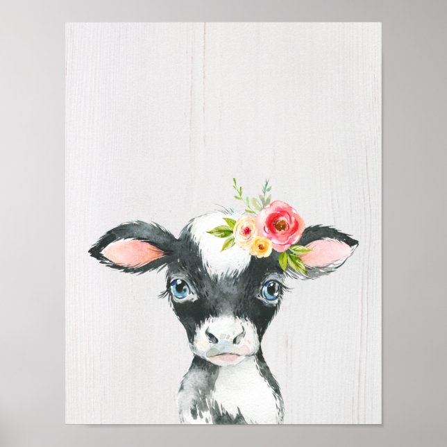 Poster Aquarela Floral Black & White Cow Art (Frente)