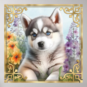 Poster Aquarela Floral Siberiano Husky com Moldura Dourad