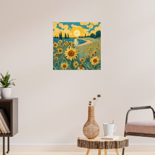 Poster Aquarela Flores do Sol Paisagem no Estilo Van Gogh