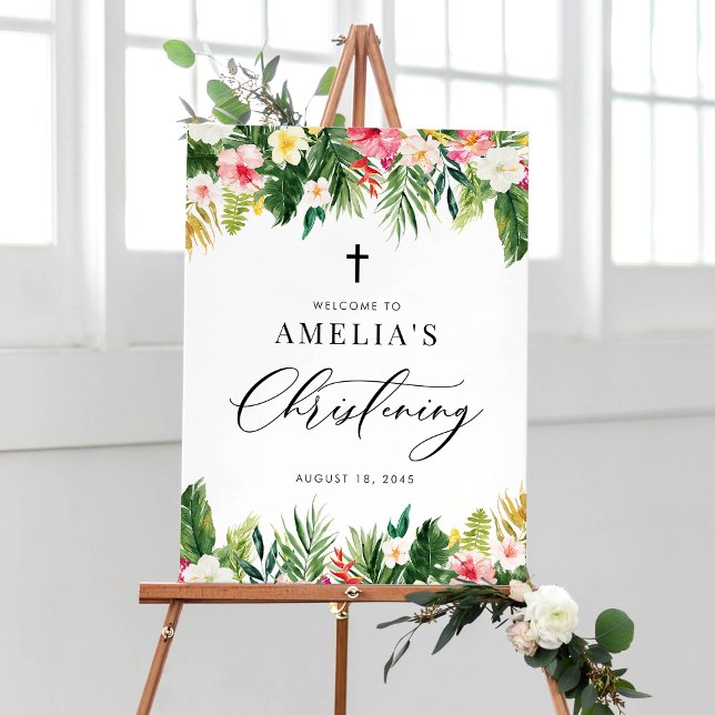 Poster Aquarela Flores Garland - Cristalização Tropical (Watercolor Flowers Garland Tropical Christening Welcome Sign)