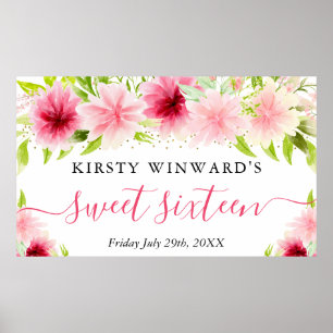 Poster Aquarela Flores Rosadas Bem-vinda aos Dezesseis An