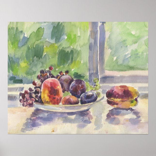 Poster Aquarela, frutas numa tigela na janela (Frente)
