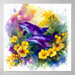 Poster Aquarela Golfinhos Flores Tropicais Oceano