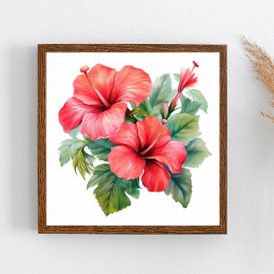Poster Aquarela Hibisco Floral Verde Brilhante Vermelho