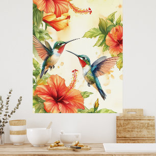 Poster Aquarela Hummingbird e Flores Design