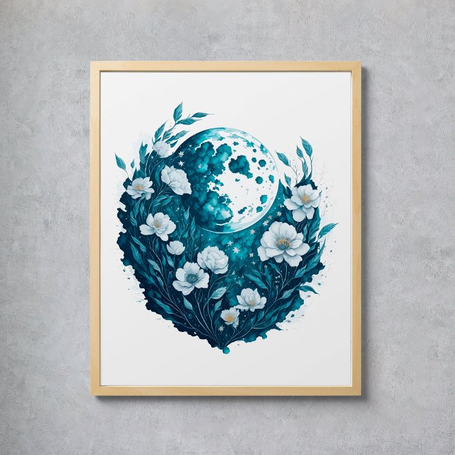Poster Aquarela Lua Estrelas Celestiais Flores (Watercolor Moon Celestial Stars Flowers Poster
)
