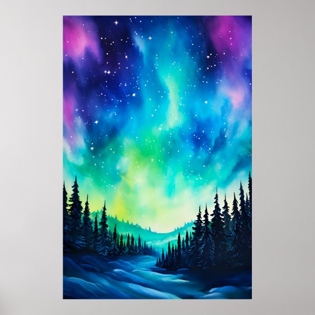 Poster Aquarela Luzes do Norte aurora boreal  (Frente)