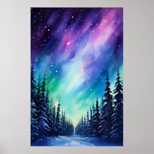 Poster Aquarela Luzes do Norte aurora boreal