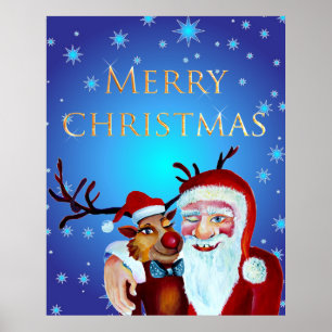 Poster Aquarela Magical Santa Claus Sorrindo Rudolph