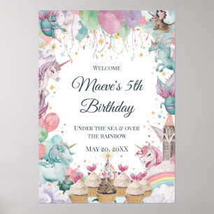 Poster Aquarela Mermaid Unicórnio Arco-íris Aniversário