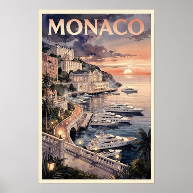 Poster Aquarela Mônaco Viagem Vintage (Frente)