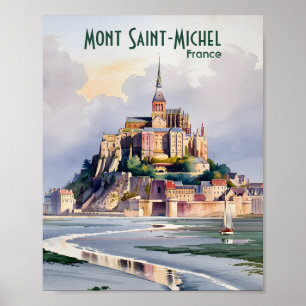 Poster Aquarela Mont Saint Michel França Viagem Vintage