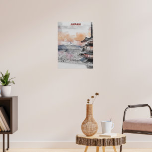 Poster Aquarela Monte Fuji & Pagode Japonesa – Terra Japã