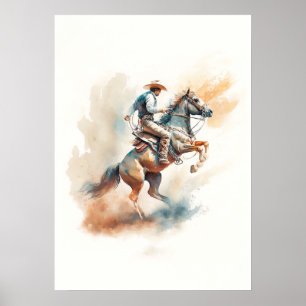 Poster Aquarela Ocidental Empoeirada “Bucking Bronco”