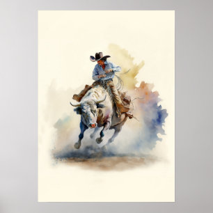 Poster Aquarela Ocidental Empoeirada “Cavaleiro de Touro 
