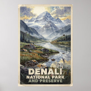 Poster Aquarela Parque Nacional e Reserva Denali Retro