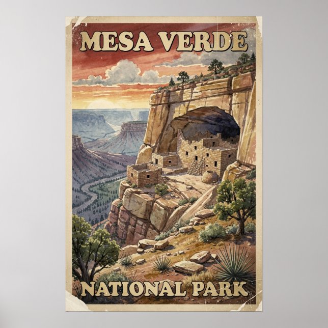 Poster Aquarela Parque Nacional Mesa Verde Retrô (Frente)