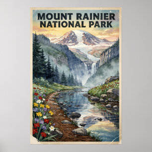 Poster Aquarela Parque Nacional Mount Rainier Retro