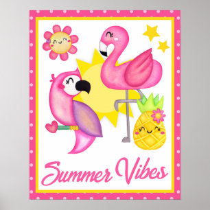 Poster Aquarela Pássaros Tropicais Rosa e Amarelo Verão