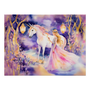Pôster Aquarela Princesa Linda e Unicórnio