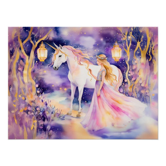 Pôster Aquarela Princesa Linda e Unicórnio (Frente)