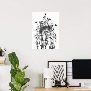 Poster Aquarela Ratinho Fofo Pendurado em Flores