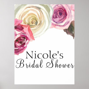 Poster Aquarela Rosas Floral Rosa e Branco Bem-vindo