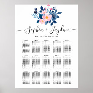 Poster Aquarela Rústica de um Buquê Floral Rosa e Azul