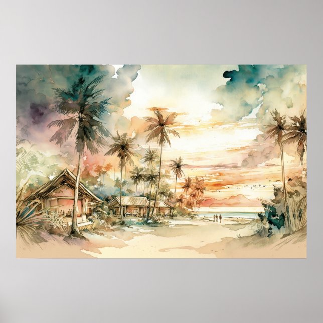 Poster Aquarela Tropical de Praia de Sunset Pacífica (Frente)