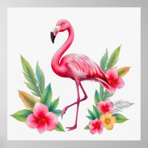 Poster Aquarela Tropical Flamingo Rosa Floral Havaiano