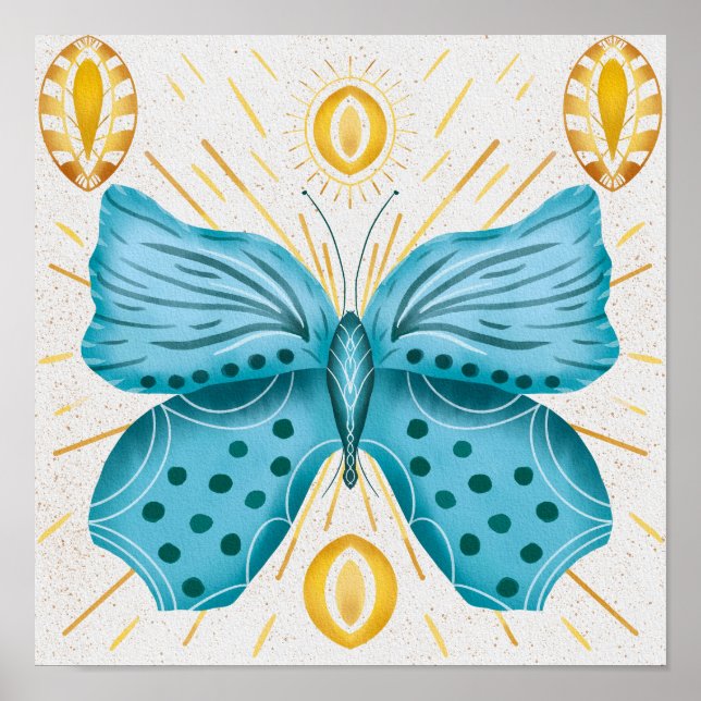 Poster Aquarela Turquesa Borboleta Sol Celestial (Frente)