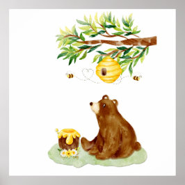 Poster Aquarela Urso Pardo e Colmeia Arte Decorativa de P