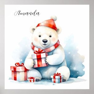 Poster Aquarela Urso Polar Branco Natal Fofo