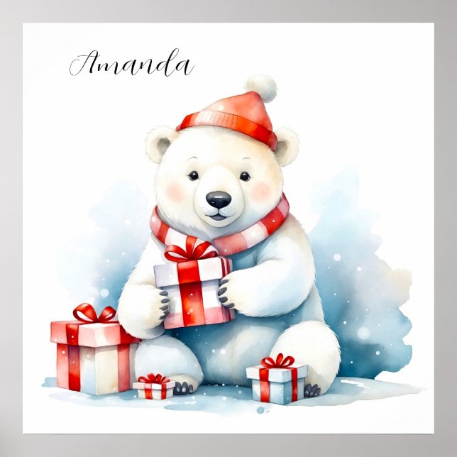 Poster Aquarela Urso Polar Branco Natal Fofo (Frente)