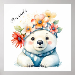 Poster Aquarela Urso Polar Fofo com Flores
