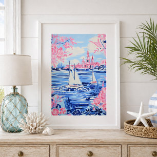Poster Aquarela Velhos Barcos de Vela Águas Azuis Floral