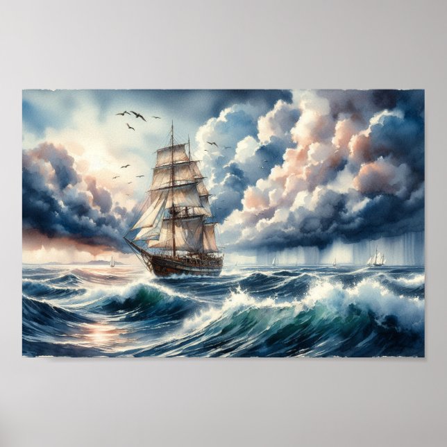 Poster Aquarelas de Ondas do Oceano Azul (Frente)